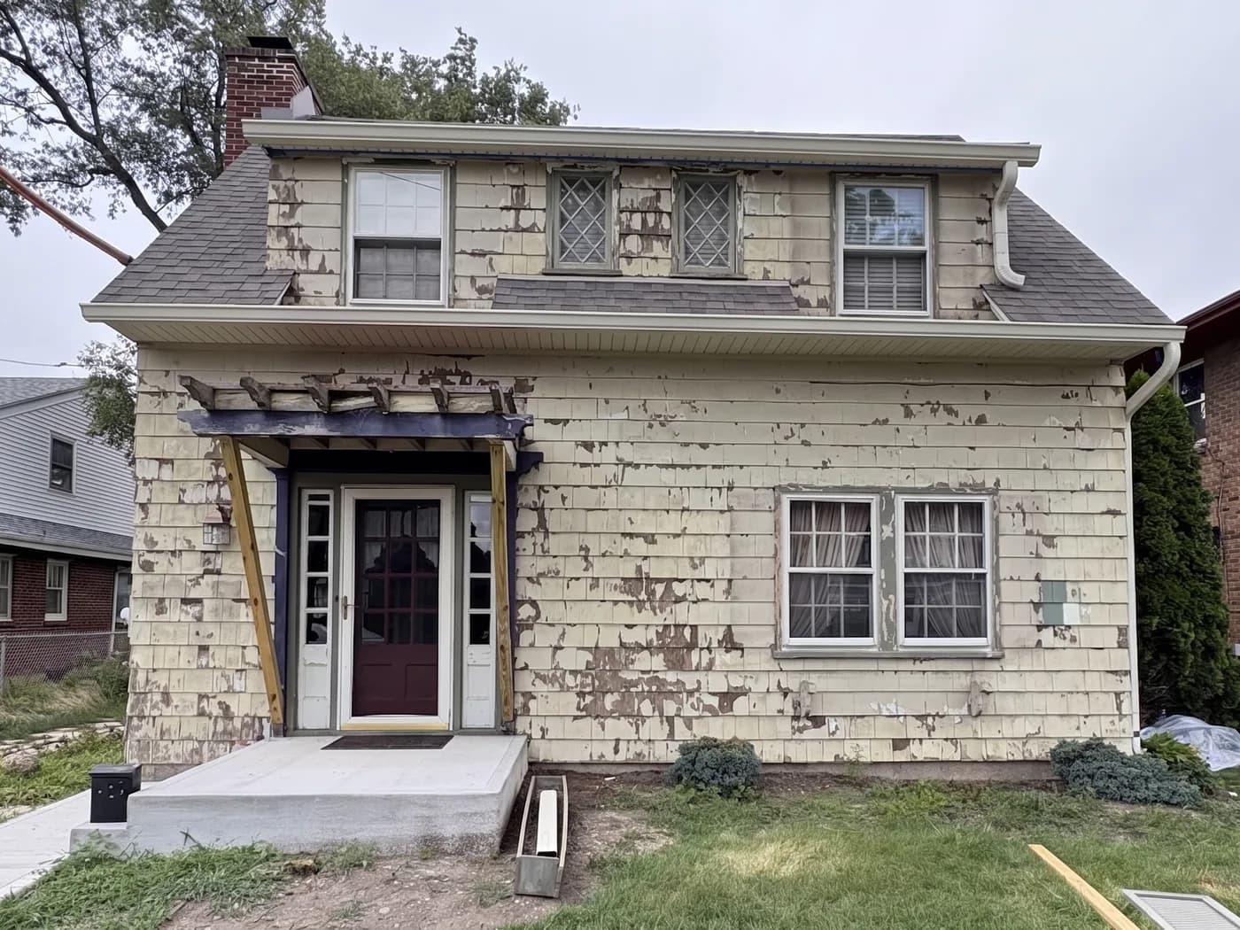 House exterior before painting — weathered, patchy, faded paint